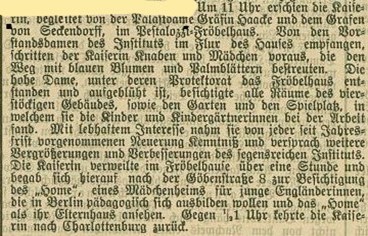 Abb. 2 Bericht im Halleschen Tageblatt vom 01.06.1888 über den Besuch der Kaiserin Victoria im Pestalozzi