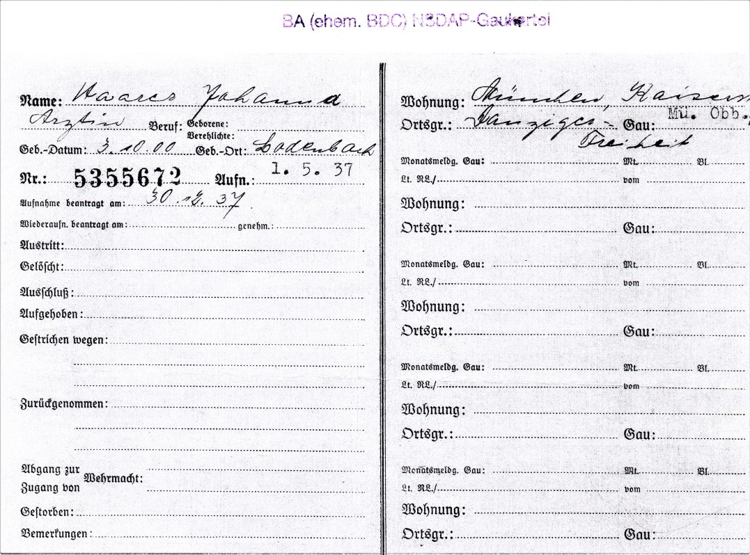 Abb. 6 Johanna Haarers NSDAP Mitgliedsnummer 5355672